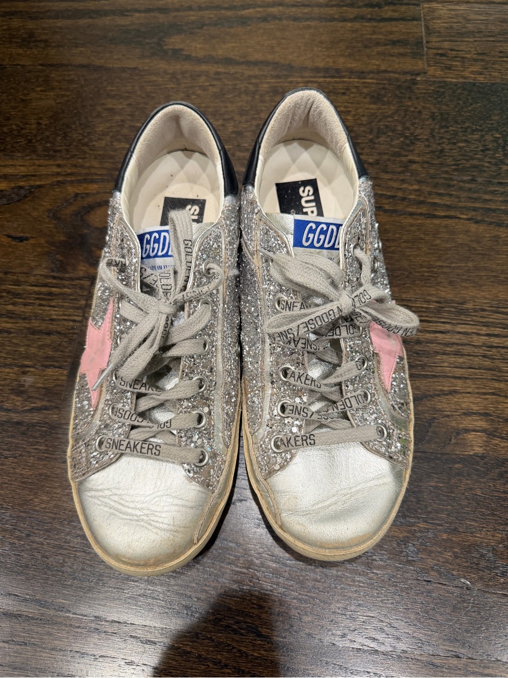 Golden Goose Silver Glitter Low-Top Sneakers with Pink Star Accents